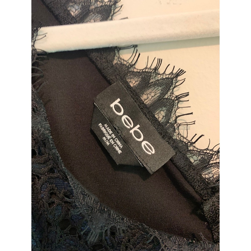 Bebe Women Navy Black Lace Surplice Crop Top Eyelash Trim Size M - Picture 8 of 9